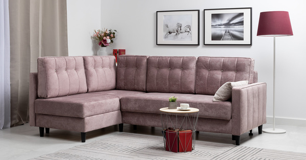 Диван-кровать угловой Арно ТД 567 велюр Лаки 17 пепел розы, Vertical 910 молочно-серый, сборка на любую сторону