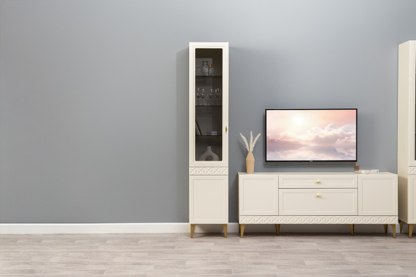 Гостиная Марион композиция 1 слоновая кость С341 PE, слоновая кость 6898 ПВХ, белый PE шагрень (собирается на любую сторону)