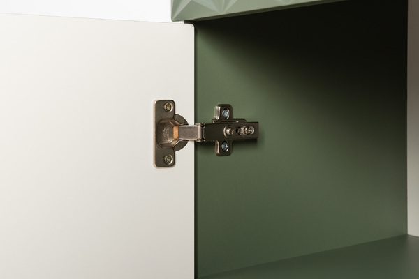 Шкаф-витрина Марион 16.397.02 дымчатый зеленый K521, олива шагрень AG 1050 ПВХ (собирается на любую сторону)