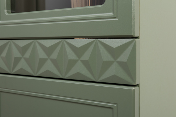 Шкаф-витрина Марион 16.397.02 дымчатый зеленый K521, олива шагрень AG 1050 ПВХ (собирается на любую сторону)