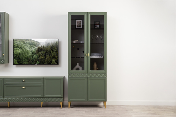 Гостиная Марион композиция 2 дымчатый зеленый K521, олива шагрень AG 1050 ПВХ, белый PE шагрень (собирается на любую сторону)