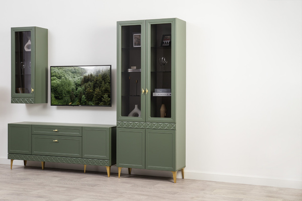 Шкаф-витрина Марион 16.397.02 дымчатый зеленый K521, олива шагрень AG 1050 ПВХ (собирается на любую сторону)