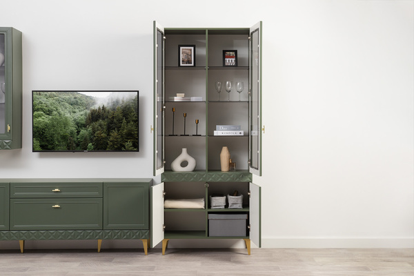 Шкаф-витрина Марион 16.397.02 дымчатый зеленый K521, олива шагрень AG 1050 ПВХ (собирается на любую сторону)