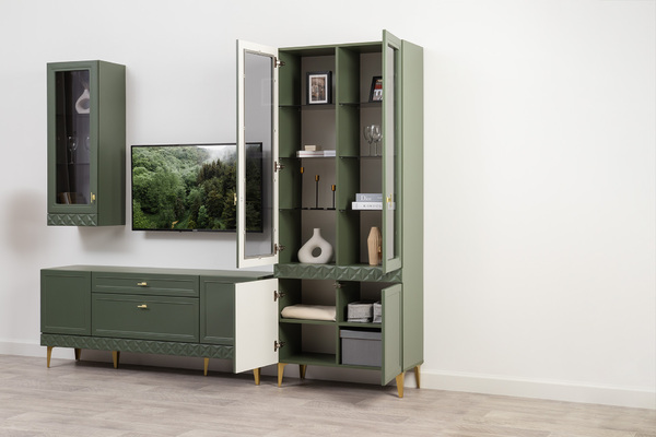 Шкаф-витрина Марион 16.397.02 дымчатый зеленый K521, олива шагрень AG 1050 ПВХ (собирается на любую сторону)