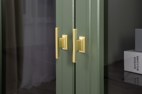 Шкаф-витрина Марион 16.397.02 дымчатый зеленый K521, олива шагрень AG 1050 ПВХ (собирается на любую сторону)