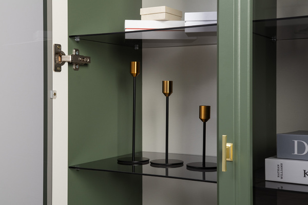 Шкаф-витрина Марион 16.397.02 дымчатый зеленый K521, олива шагрень AG 1050 ПВХ (собирается на любую сторону)