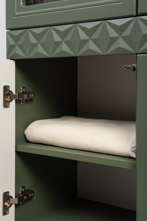 Шкаф-витрина Марион 16.397.02 дымчатый зеленый K521, олива шагрень AG 1050 ПВХ (собирается на любую сторону)