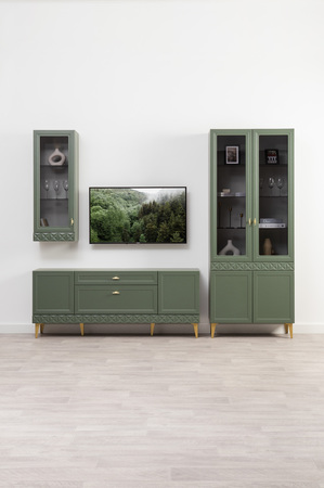 Шкаф-витрина Марион 16.397.02 дымчатый зеленый K521, олива шагрень AG 1050 ПВХ (собирается на любую сторону)