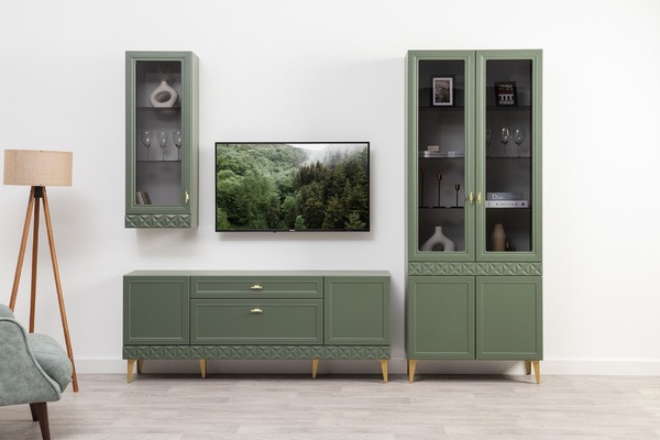 Шкаф-витрина Марион 16.397.02 дымчатый зеленый K521, олива шагрень AG 1050 ПВХ (собирается на любую сторону)