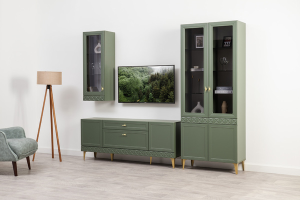 Шкаф-витрина Марион 16.397.02 дымчатый зеленый K521, олива шагрень AG 1050 ПВХ (собирается на любую сторону)