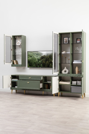 Шкаф-витрина Марион 16.397.02 дымчатый зеленый K521, олива шагрень AG 1050 ПВХ (собирается на любую сторону)