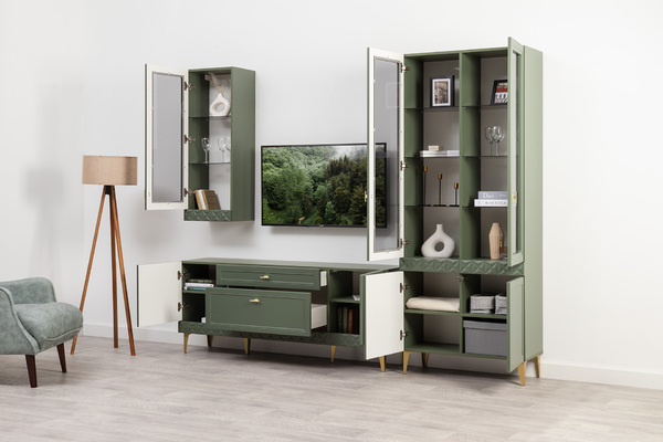 Шкаф-витрина Марион 16.397.02 дымчатый зеленый K521, олива шагрень AG 1050 ПВХ (собирается на любую сторону)