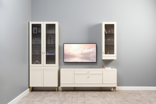 Гостиная Марион композиция 2 слоновая кость С341 PE, слоновая кость 6898 ПВХ, белый PE шагрень (собирается на любую сторону)