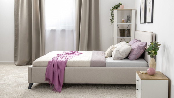 Кровать Миа 180 светло-бежевый, кант желтовато-коричневый с ортопедическим основанием и подъемным механизмом