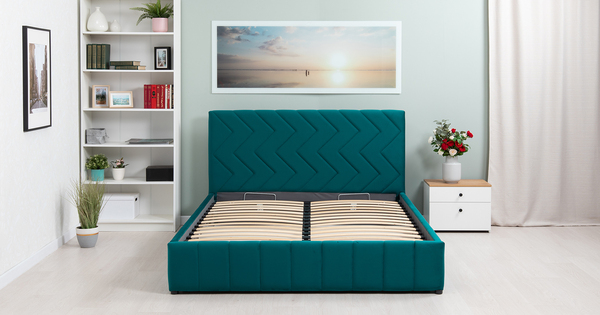 Кровать Милана 160 велюр сине-зеленый с ортопедическим основанием и подъемным механизмом