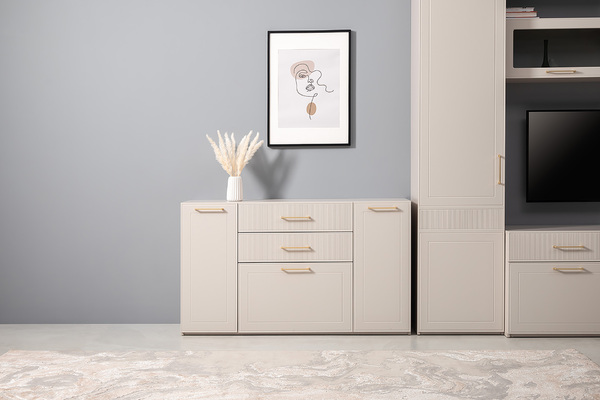 Гостиная Ричфорд композиция 2 с карнизами, кашемир 5981 BS, моно керамика D166-2 ПВХ, белый PE шагрень (собирается на любую сторону)